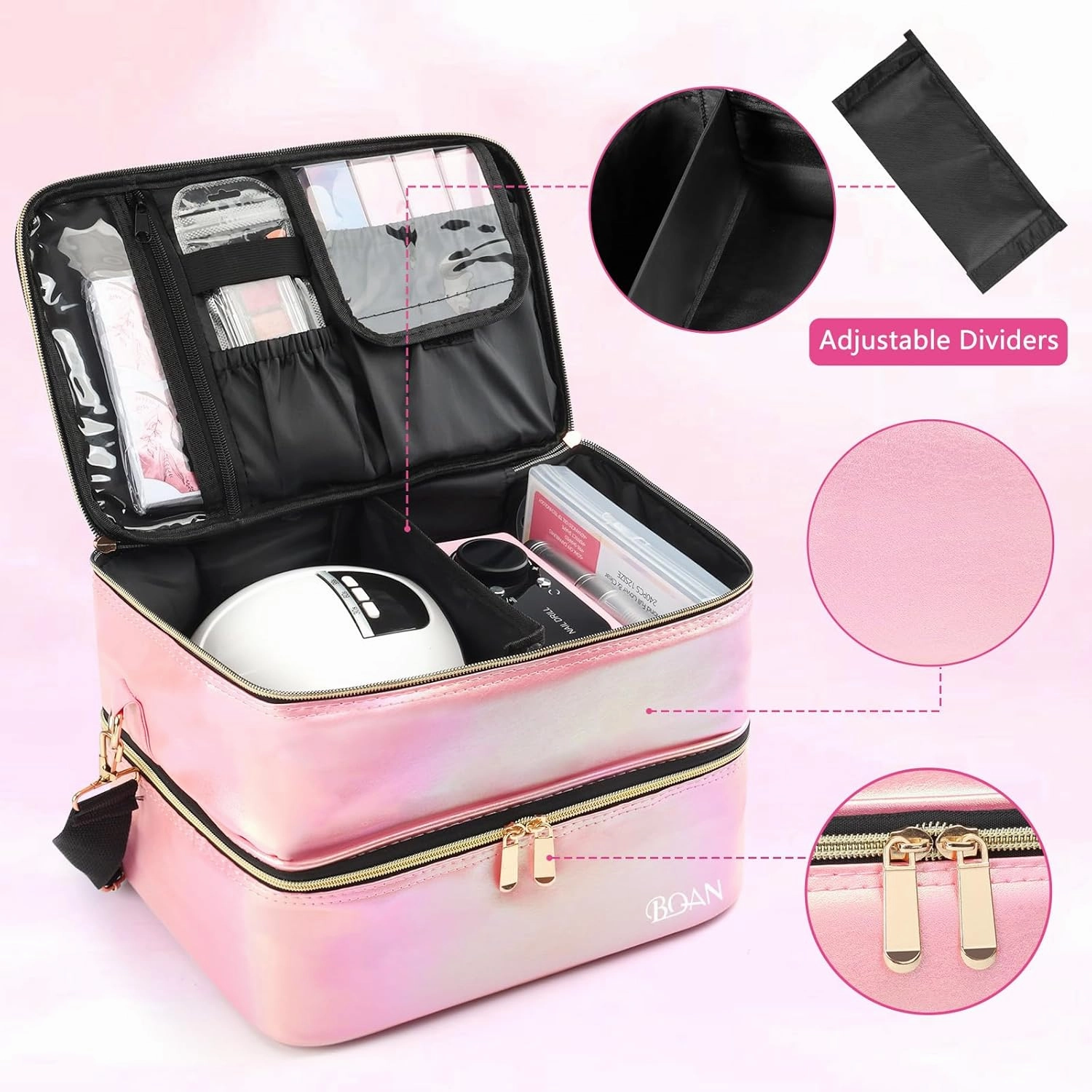 BQAN Nail Polish Organizer Case, Holds 40 Bottles (15ml/0.5 fl.oz) & Nail Lamp, Double Storage Bags, with Adjustable Dividers for Nail Supplies, (Pink-2)