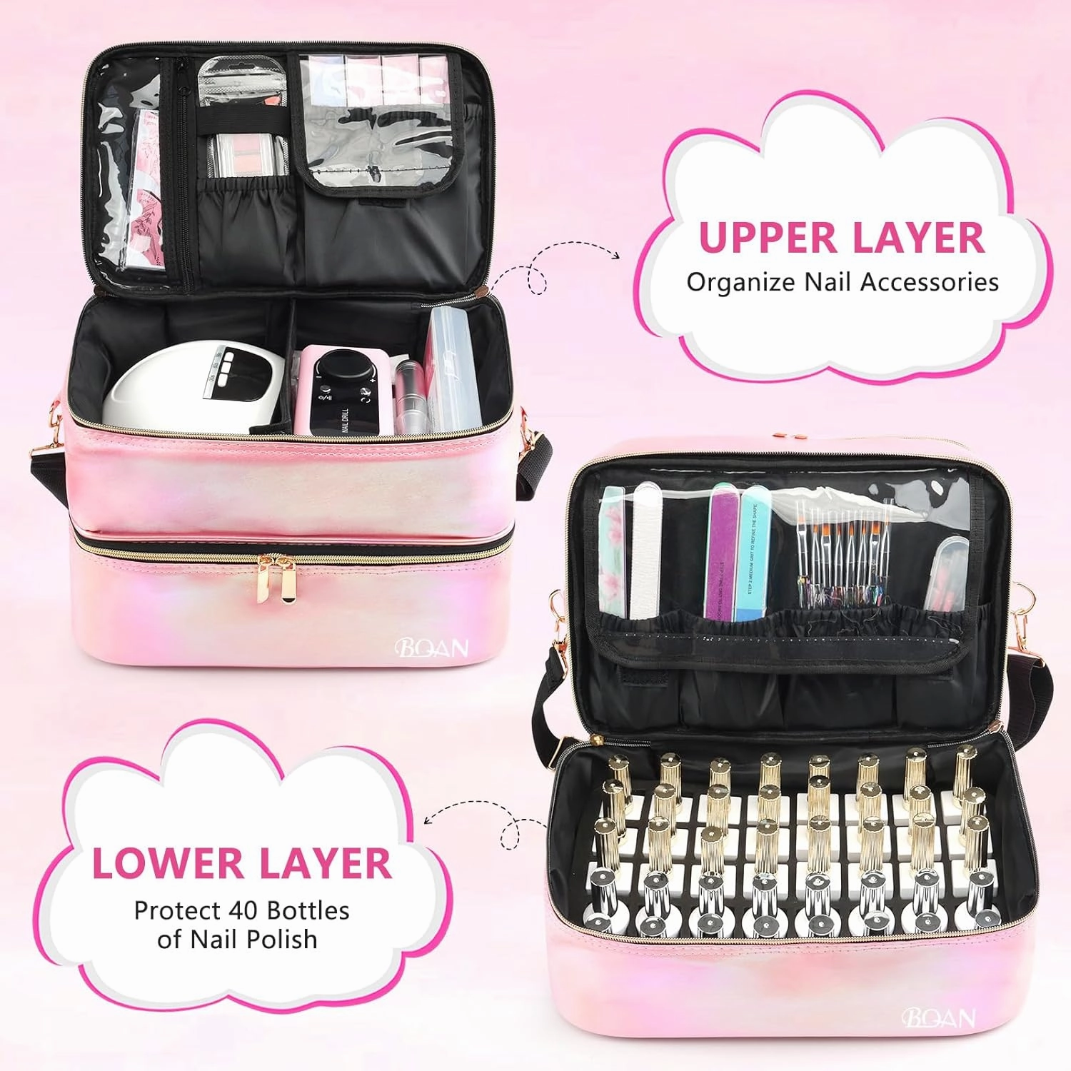 BQAN Nail Polish Organizer Case, Holds 40 Bottles (15ml/0.5 fl.oz) & Nail Lamp, Double Storage Bags, with Adjustable Dividers for Nail Supplies, (Pink-2)