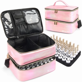 BQAN Nail Polish Organizer Case, Holds 40 Bottles (15ml/0.5 fl.oz) & Nail Lamp, Double Storage Bags, with Adjustable Dividers for Nail Supplies, (Pink-2)
