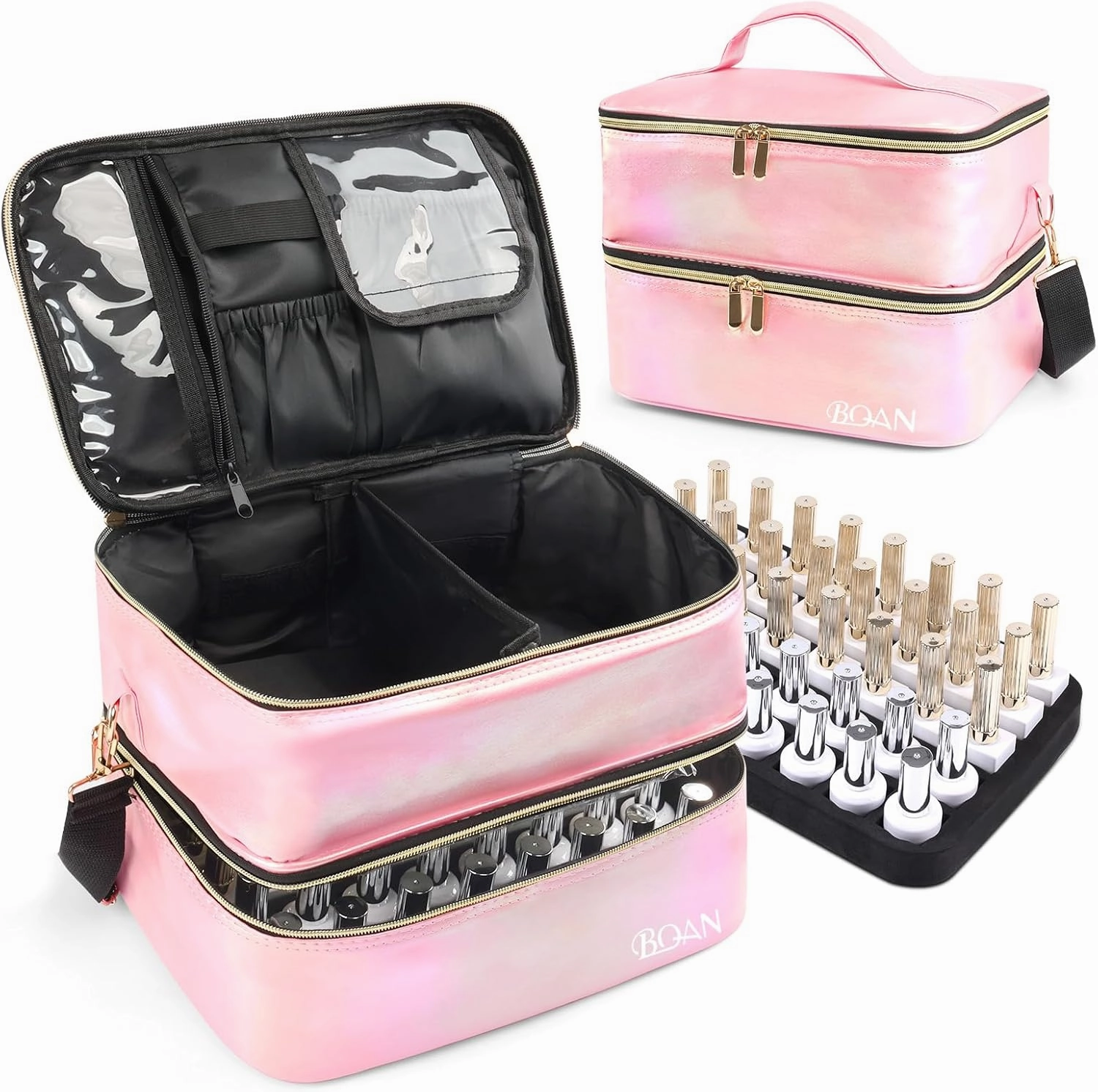 BQAN Nail Polish Organizer Case, Holds 40 Bottles (15ml/0.5 fl.oz) & Nail Lamp, Double Storage Bags, with Adjustable Dividers for Nail Supplies, (Pink-2)