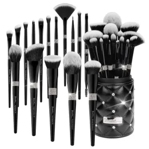 Bueart Design Professional Makeup Brush Set, 16 Pieces, Synthetic Bristles with Rhinestone Design, Black