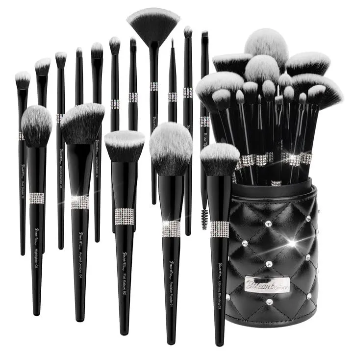Bueart Design Professional Makeup Brush Set, 16 Pieces, Synthetic Bristles with Rhinestone Design, Black