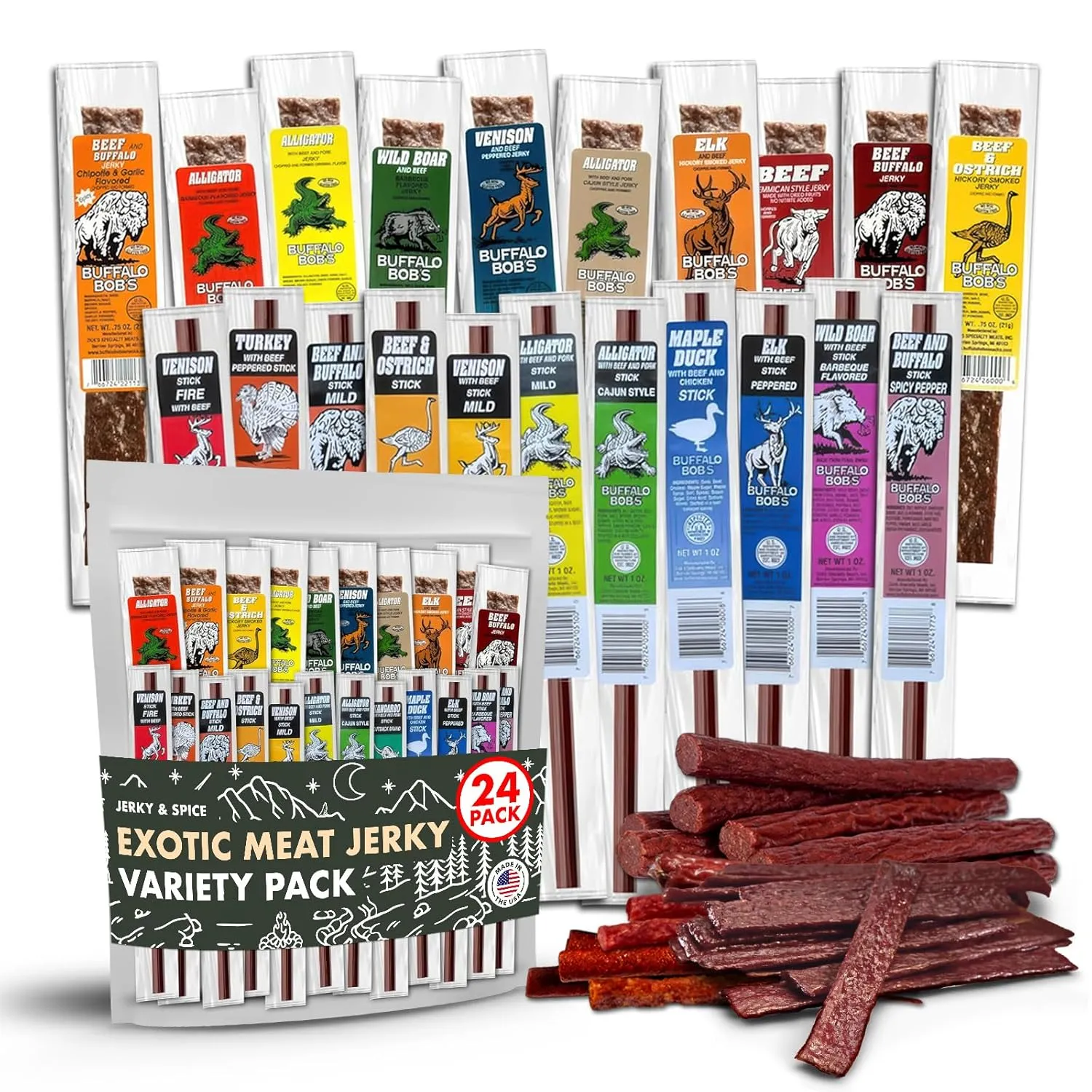 Buffalo Bob's Wild Game Meat Snacks (24 pack), Beef Jerky Assortment Pack of Flavorful Strips & Sticks, Exotic Jerky Gift Baskets for Men, Meat Variety Pack for Valentines & Christmas, Meat Bouquet
