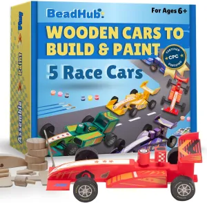 Build & Paint Your Own Wooden Cars-5 Unique & Easy Assemble Model Race Cars to Paint, DIY Arts & Crafts Activity Kit for Kids Boys, Painting Craft Kits, Build A Car Art Stuff for Ages 6 Year Old & Up