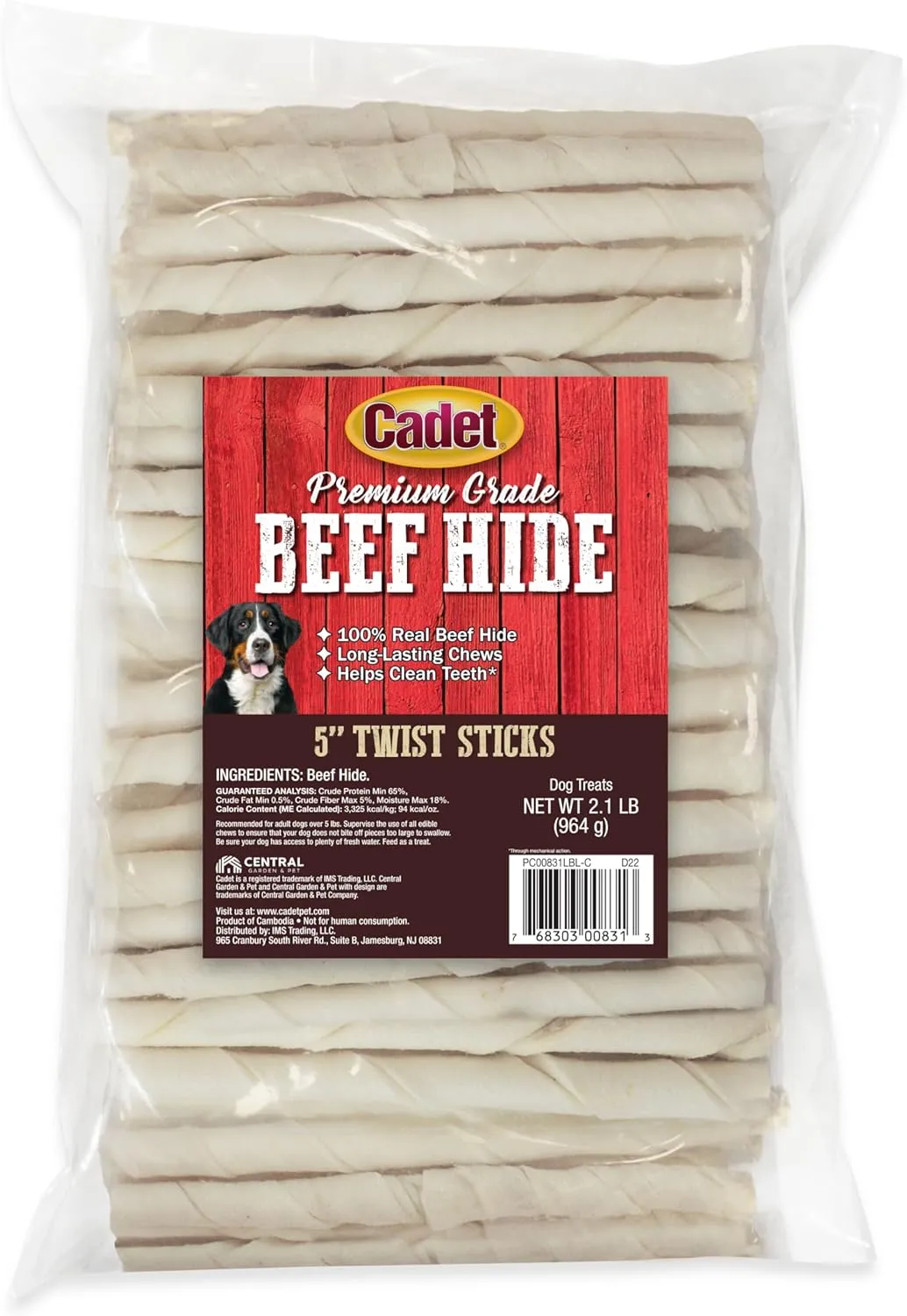 Cadet Premium Grade Beef Hide for Dogs, Long Lasting Rawhide Twist Chew Sticks, Natural Dog Chews, 5 Inch Dog Bones (34 Count)