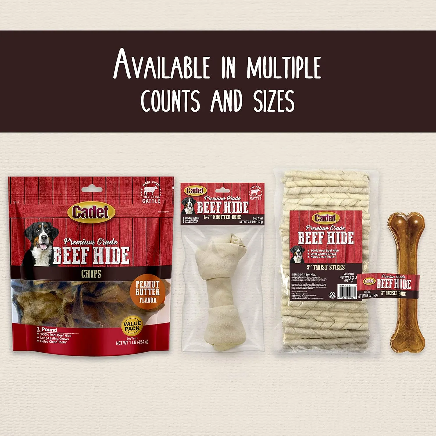 Cadet Premium Grade Beef Hide for Dogs, Long Lasting Rawhide Twist Chew Sticks, Natural Dog Chews, 5 Inch Dog Bones (34 Count)