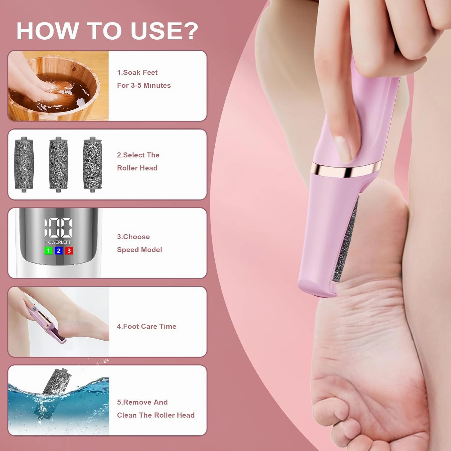 Callus Remover for Feet Rechargeable, Smooth Pedicure Wand Electric Foot File, Professional Pedicure Tools Kits Foot Scrubber for Smoother Feet Ideal Gift, Pedicure Kit Feet Care for Dead Dry Skin