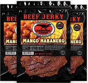 Carnivore Candy’s Mango Habanero Jerky – Beef Jerky with amazing taste, no preservatives, MSG-free, low sodium Ready to Go Food. Great protein boost for the gym, office or on the go! (3) 3oz bag
