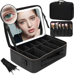 cenoz Makeup Bag With Mirror And Lights, 【Super Large】 Capacity Cosmetics Train Case with LED Lighted Mirror Rechargeable 3 Color Lights Adjustable Brightness, Makeup Bag Organizer (BLACK)