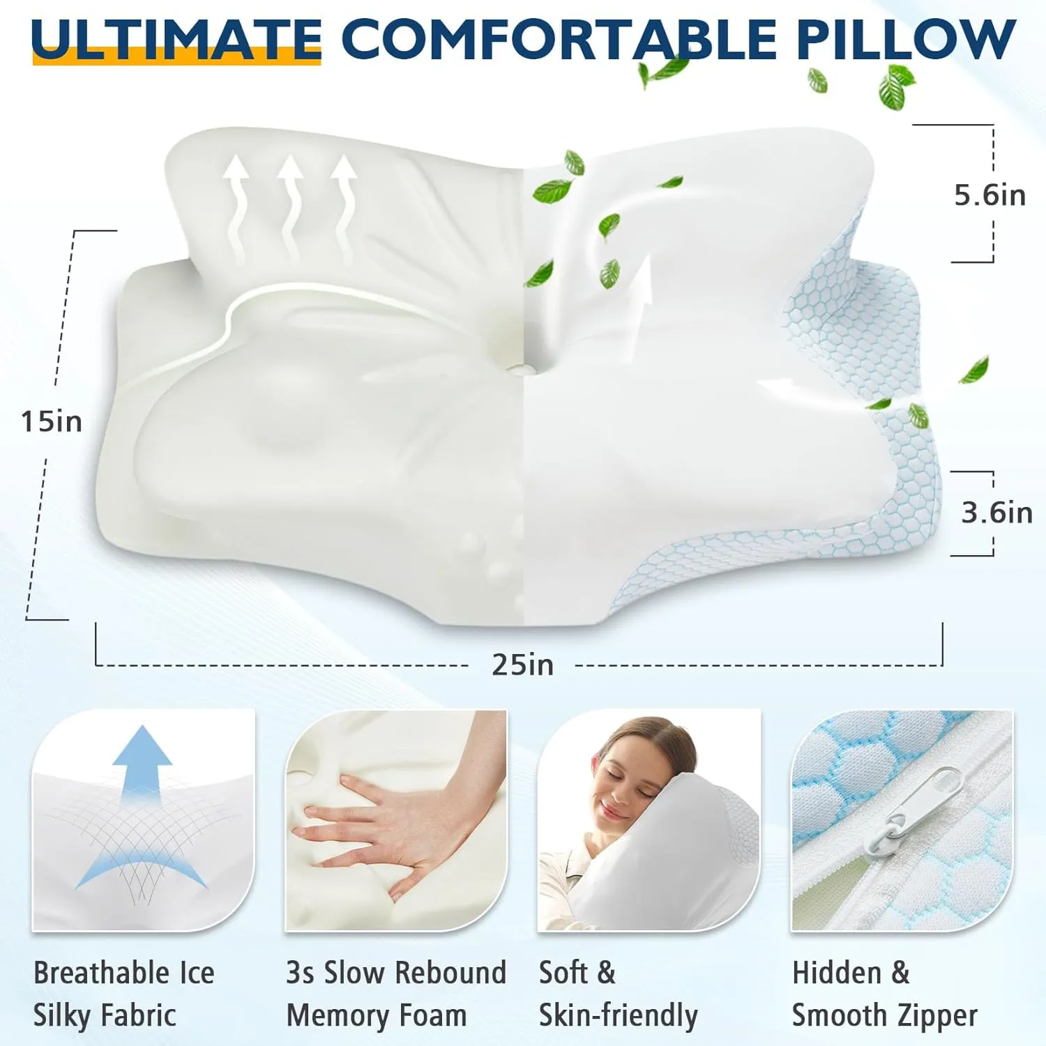 Cervical Neck Pillow for Neck and Shoulder Pain Relief，Ergonomic Memory Foam Pillow for Side Sleeper Pillow,Blue