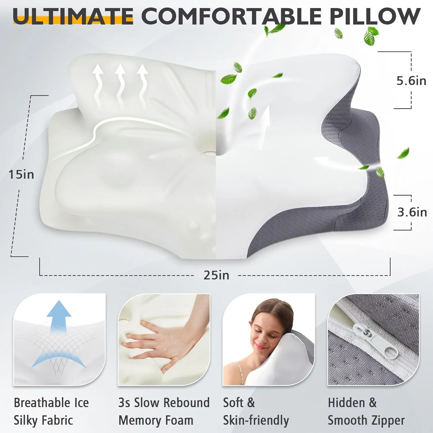 Cervical Neck Pillow for Neck and Shoulder Pain Relief，Ergonomic Memory Foam Pillow for Side Sleeper Pillow,Grey