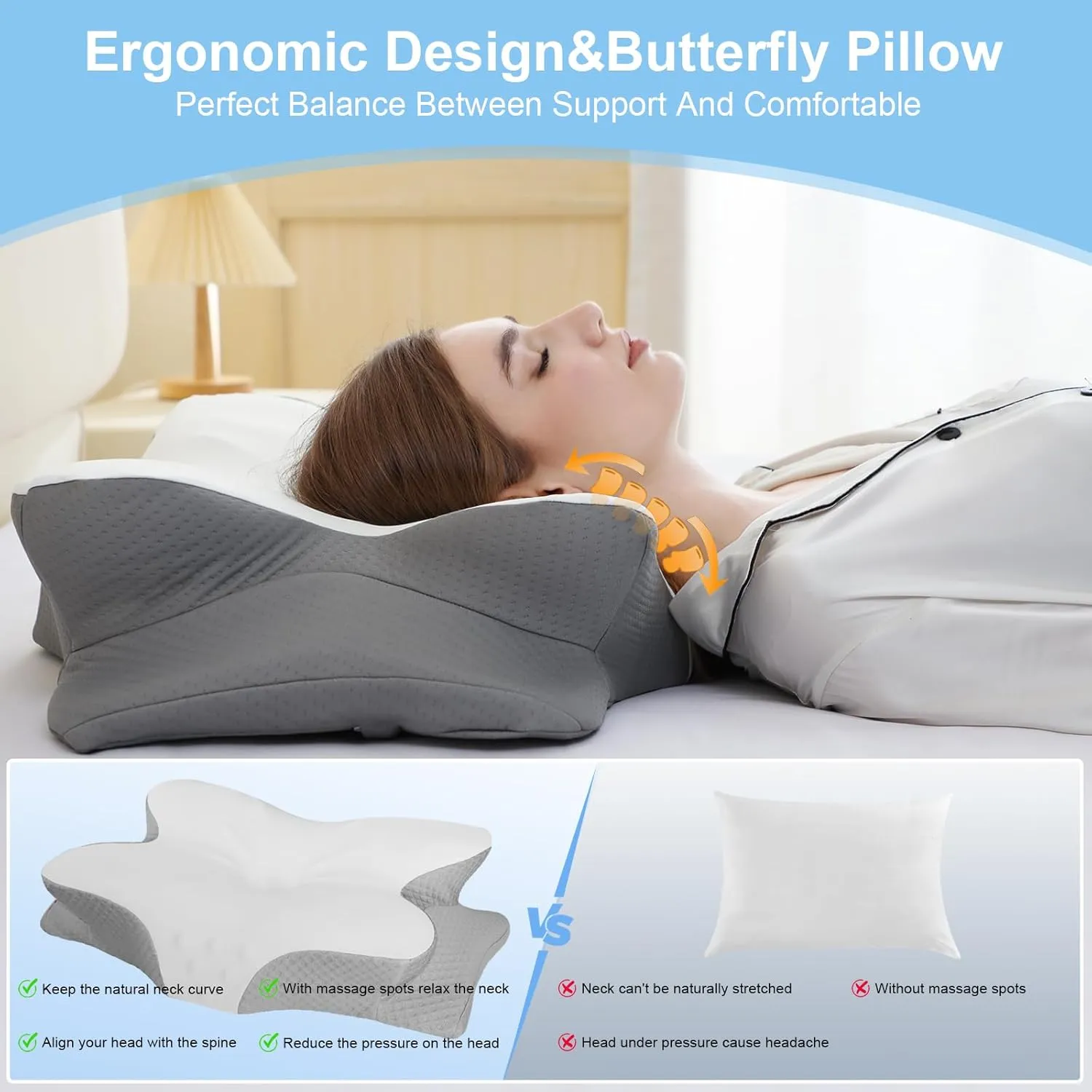 Cervical Neck Pillow for Pain Relief, Neck Support Pillows for Sleeping with Cooling Pillowcase, Contour Memory Foam Pillows, Ergonomic Orthopedic Pillow for Side Sleeper