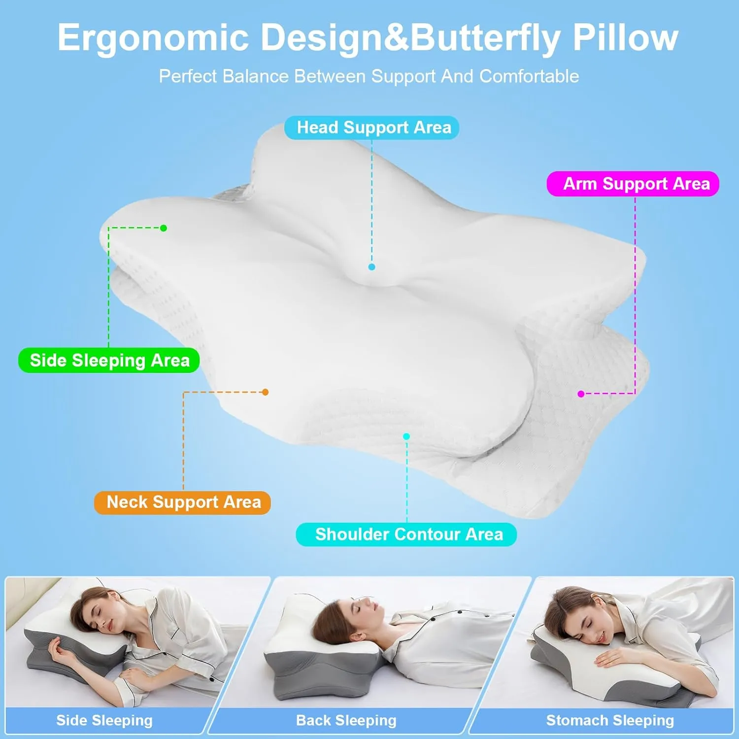 Cervical Neck Pillow for Pain Relief, Neck Support Pillows for Sleeping with Cooling Pillowcase, Contour Memory Foam Pillows, Ergonomic Orthopedic Pillow for Side Sleeper(Round White, White)