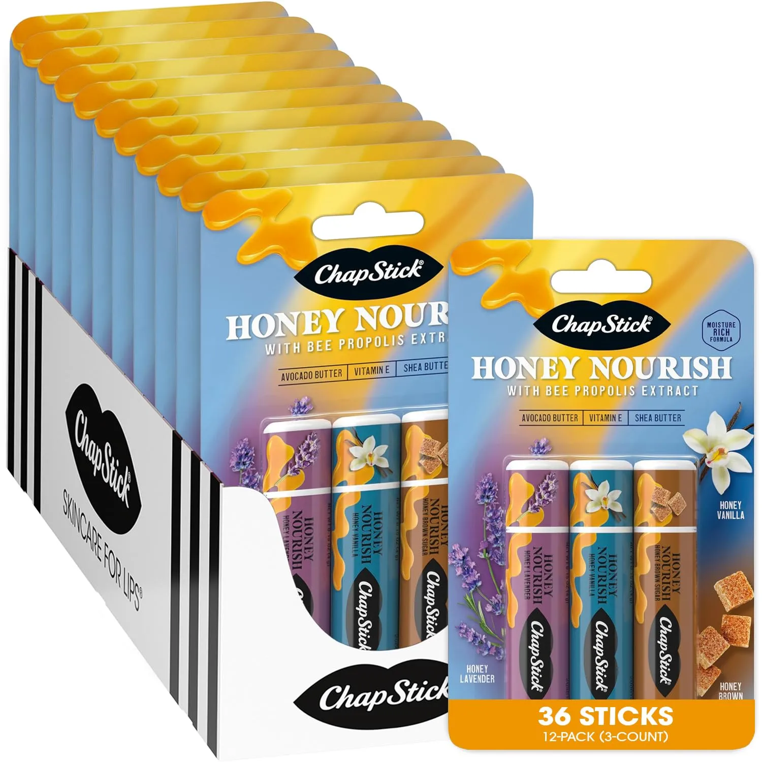ChapStick Bulk Lip Balm, Honey Nourish 3-Packs (12 Sets/36 Tubes) – Lavender, Vanilla, and Brown Sugar, Moisture-Rich Formulas with Bee Propolis Extract, 0.15 Oz Ea