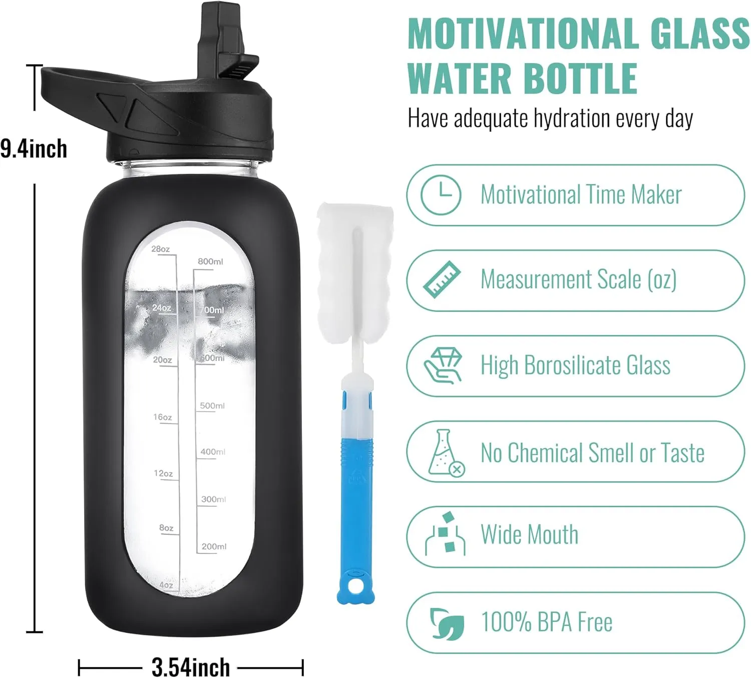 CIVAGO 32 oz Glass Water Bottle with Straw and Handle, Large Sports Motivational Water Bottle Flask with Time Marker and 2 Lids, Leakproof Water Jug Canteen with Silicone Sleeve for Gym,Blush
