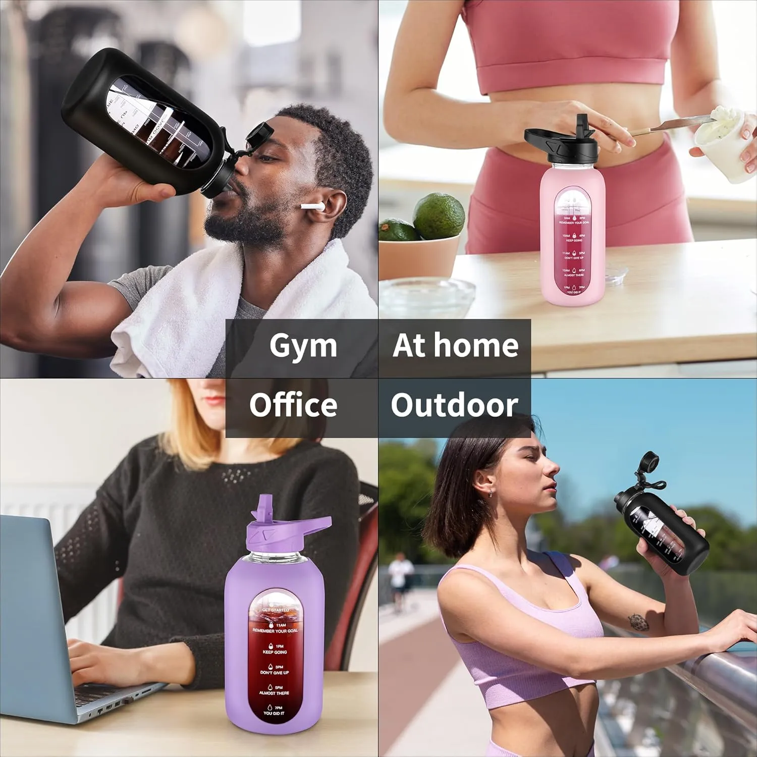 CIVAGO 32 oz Glass Water Bottle with Straw and Handle, Large Sports Motivational Water Bottle Flask with Time Marker and 2 Lids, Leakproof Water Jug Canteen with Silicone Sleeve for Gym,Blush