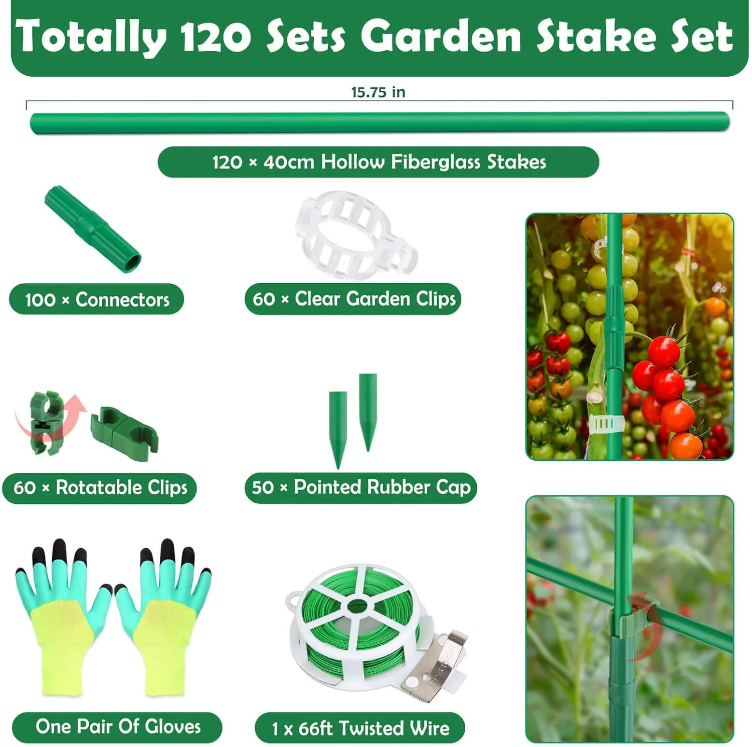 Cludoo 393PCS Garden Stakes Set with 120 Sets Fiberglass Plant Stakes Sticks Supports and Accessories, DIY 4ft 5ft 6ft 7ft Tomato Stakes for Tomato,Vegetables, Pepper, Fences Indoor Outdoor Plants
