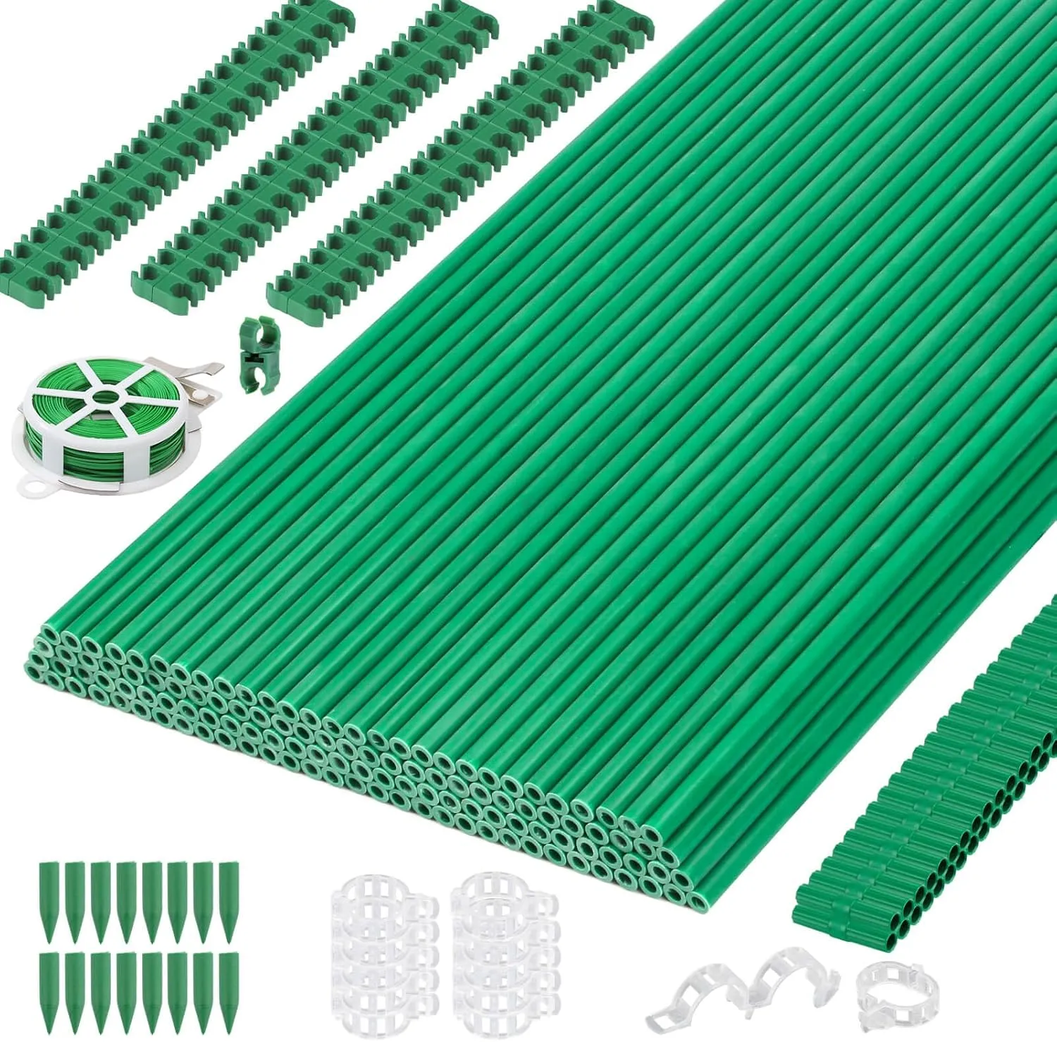 Cludoo 393PCS Garden Stakes Set with 120 Sets Fiberglass Plant Stakes Sticks Supports and Accessories, DIY 4ft 5ft 6ft 7ft Tomato Stakes for Tomato,Vegetables, Pepper, Fences Indoor Outdoor Plants