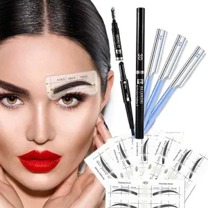 Complete Eyebrow Stencil Kits with Black Eyebrow Pencil: 36 Pairs Eyebrow Stencils   3-in-1 Black Eyebrow Pencil with Powder & Brush   Eyebrow Razor for Effortless Grooming