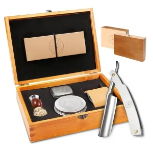 Complete Straight Razor Kit - Straight Razor Shaving Kit for Men with Japanese Stainless Steel Blade, Leather Strop, Shave Soap, Shaving Brush, Strop Paste, Leather Case, Gift Box, Silver