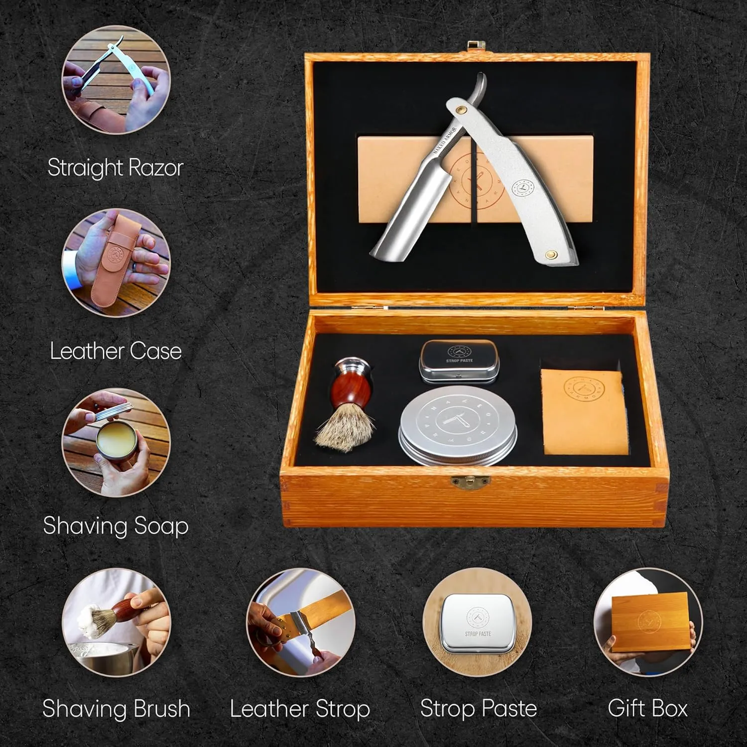 Complete Straight Razor Kit - Straight Razor Shaving Kit for Men with Japanese Stainless Steel Blade, Leather Strop, Shave Soap, Shaving Brush, Strop Paste, Leather Case, Gift Box, Silver