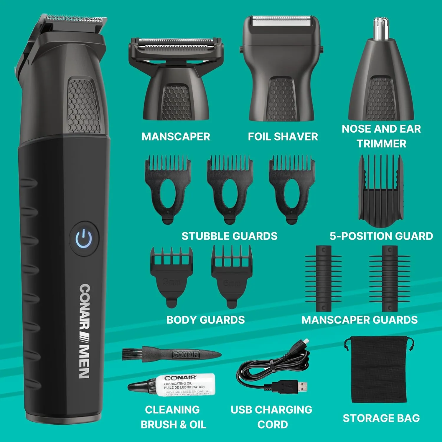 Conair Men All-in-One Trimmer for Men - Nose Hair, Beard, Mustache, Body Hair Trimmer - 16 Piece Men's Grooming Kit for Manscaping- Showerproof - Rechargeable