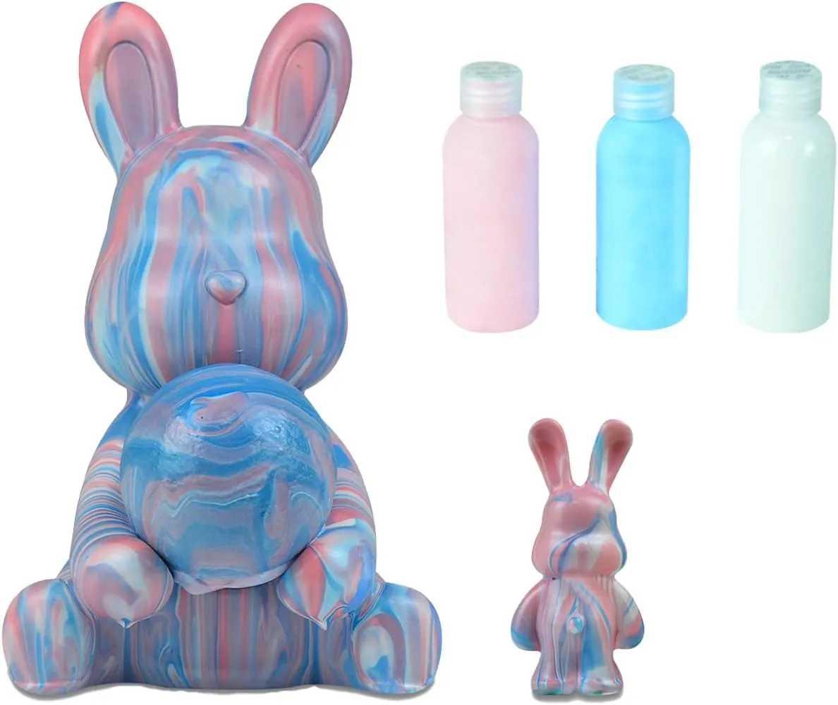 Coniuty DIY Fluid Bunny Piggy Bank   Keychain with Light Ball and Paints Set for Night Decoration (Bunny White Blue Pink)