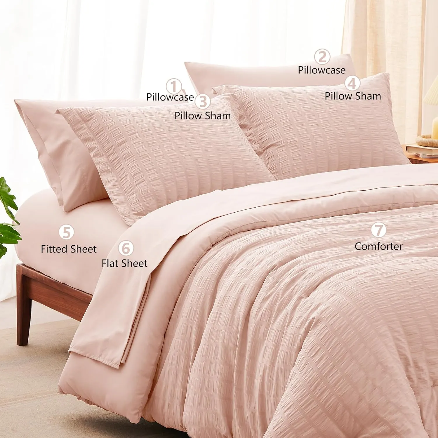 CozyLux Queen Comforter Set Blush Pink Seersucker 7 Pieces, Bed in a Bag Comforter Set with Sheets All Season, Bedding Sets with Comforter, Pillow Shams, Flat Sheet, Fitted Sheet and Pillowcases