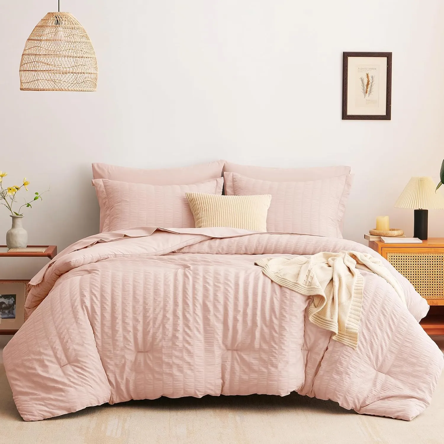 CozyLux Queen Comforter Set Blush Pink Seersucker 7 Pieces, Bed in a Bag Comforter Set with Sheets All Season, Bedding Sets with Comforter, Pillow Shams, Flat Sheet, Fitted Sheet and Pillowcases