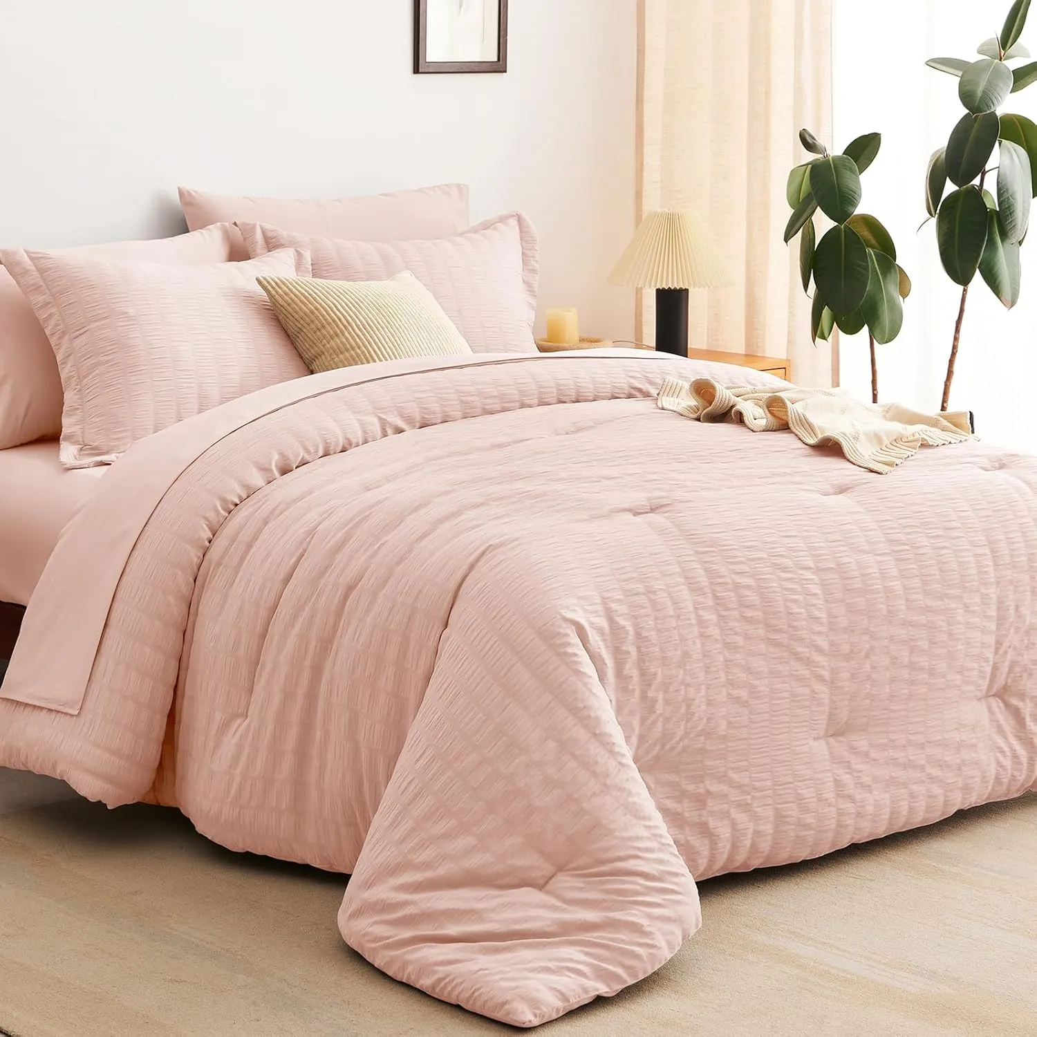 CozyLux Queen Comforter Set Blush Pink Seersucker 7 Pieces, Bed in a Bag Comforter Set with Sheets All Season, Bedding Sets with Comforter, Pillow Shams, Flat Sheet, Fitted Sheet and Pillowcases
