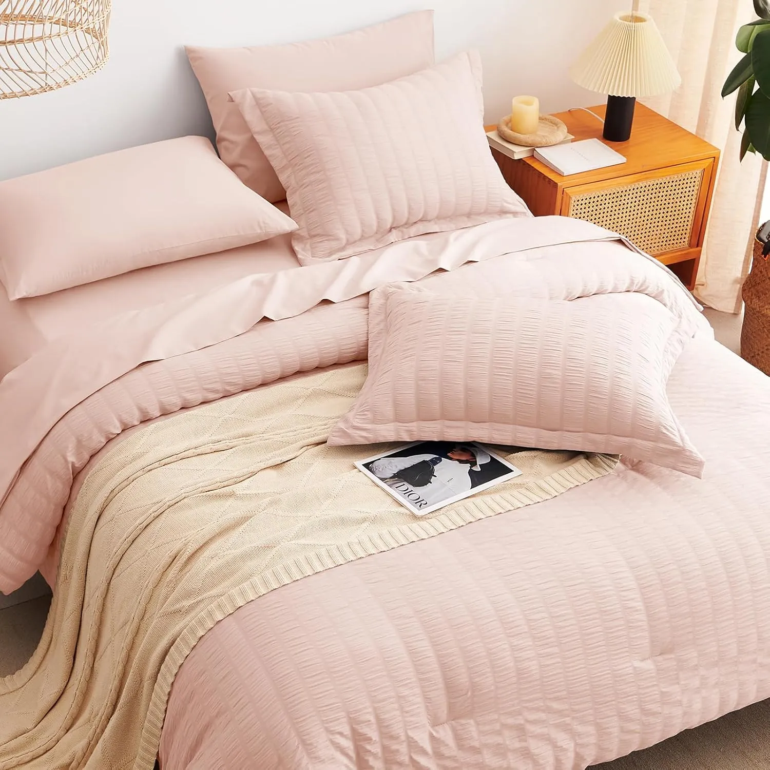 CozyLux Queen Comforter Set Blush Pink Seersucker 7 Pieces, Bed in a Bag Comforter Set with Sheets All Season, Bedding Sets with Comforter, Pillow Shams, Flat Sheet, Fitted Sheet and Pillowcases