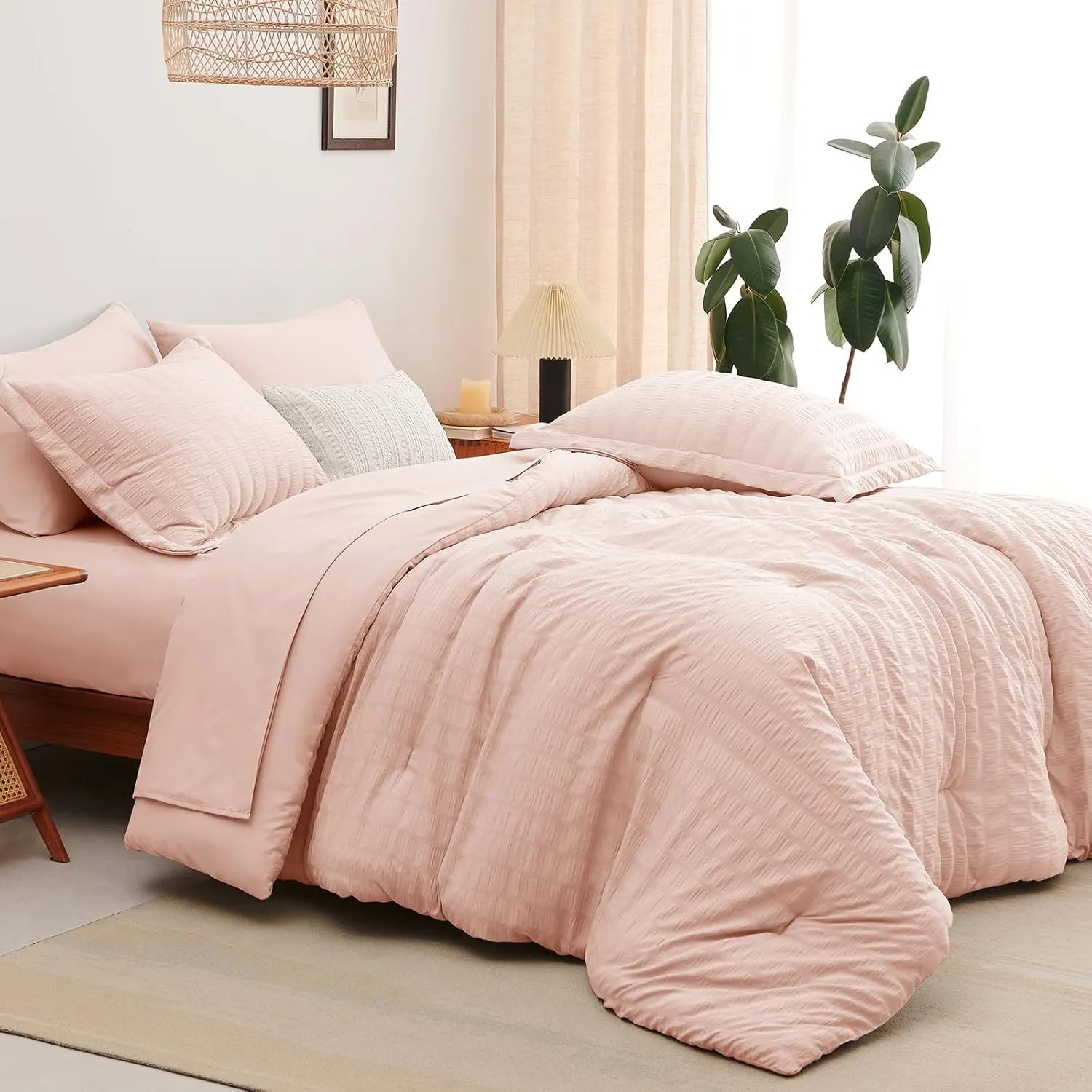CozyLux Queen Comforter Set Blush Pink Seersucker 7 Pieces, Bed in a Bag Comforter Set with Sheets All Season, Bedding Sets with Comforter, Pillow Shams, Flat Sheet, Fitted Sheet and Pillowcases