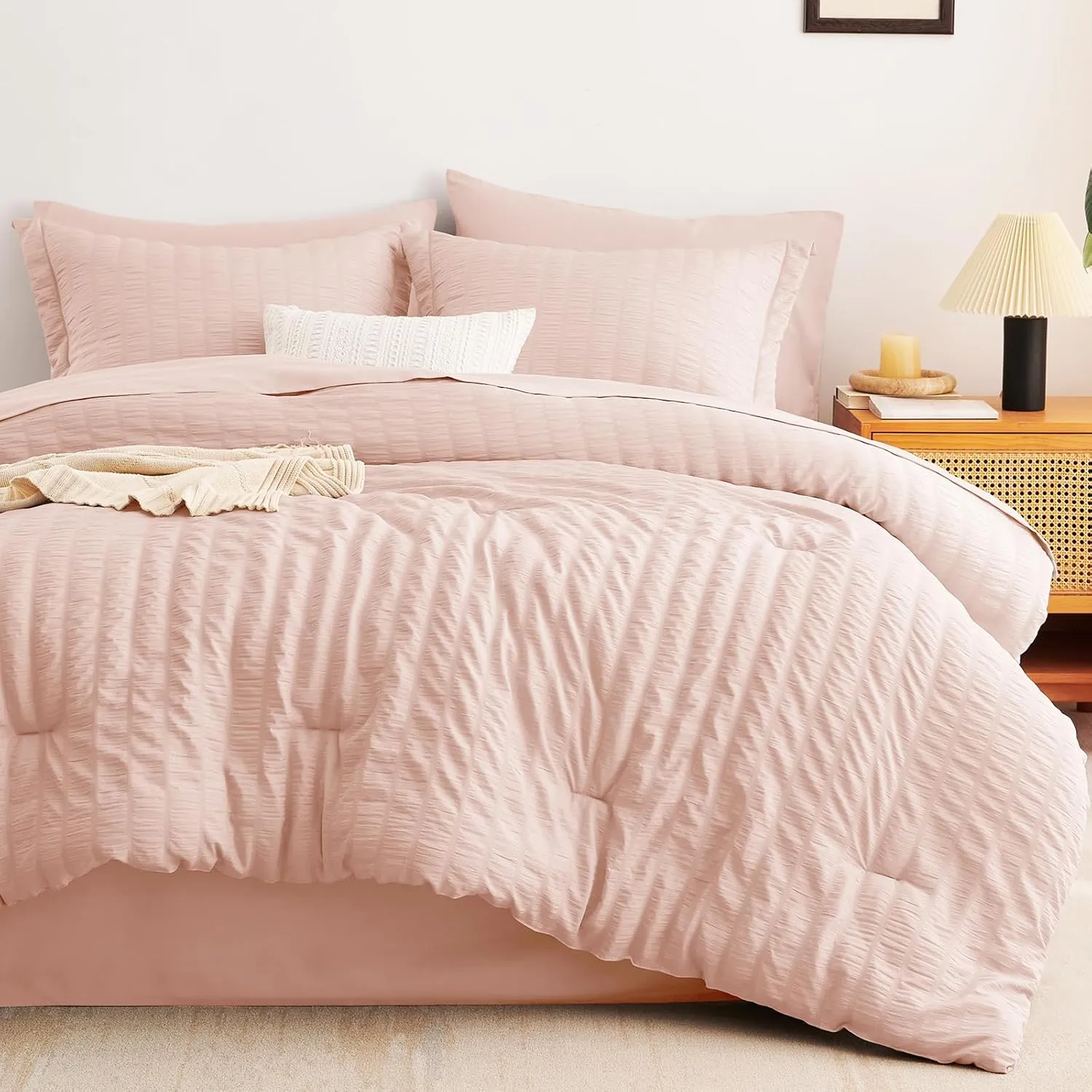 CozyLux Queen Comforter Set Blush Pink Seersucker 7 Pieces, Bed in a Bag Comforter Set with Sheets All Season, Bedding Sets with Comforter, Pillow Shams, Flat Sheet, Fitted Sheet and Pillowcases