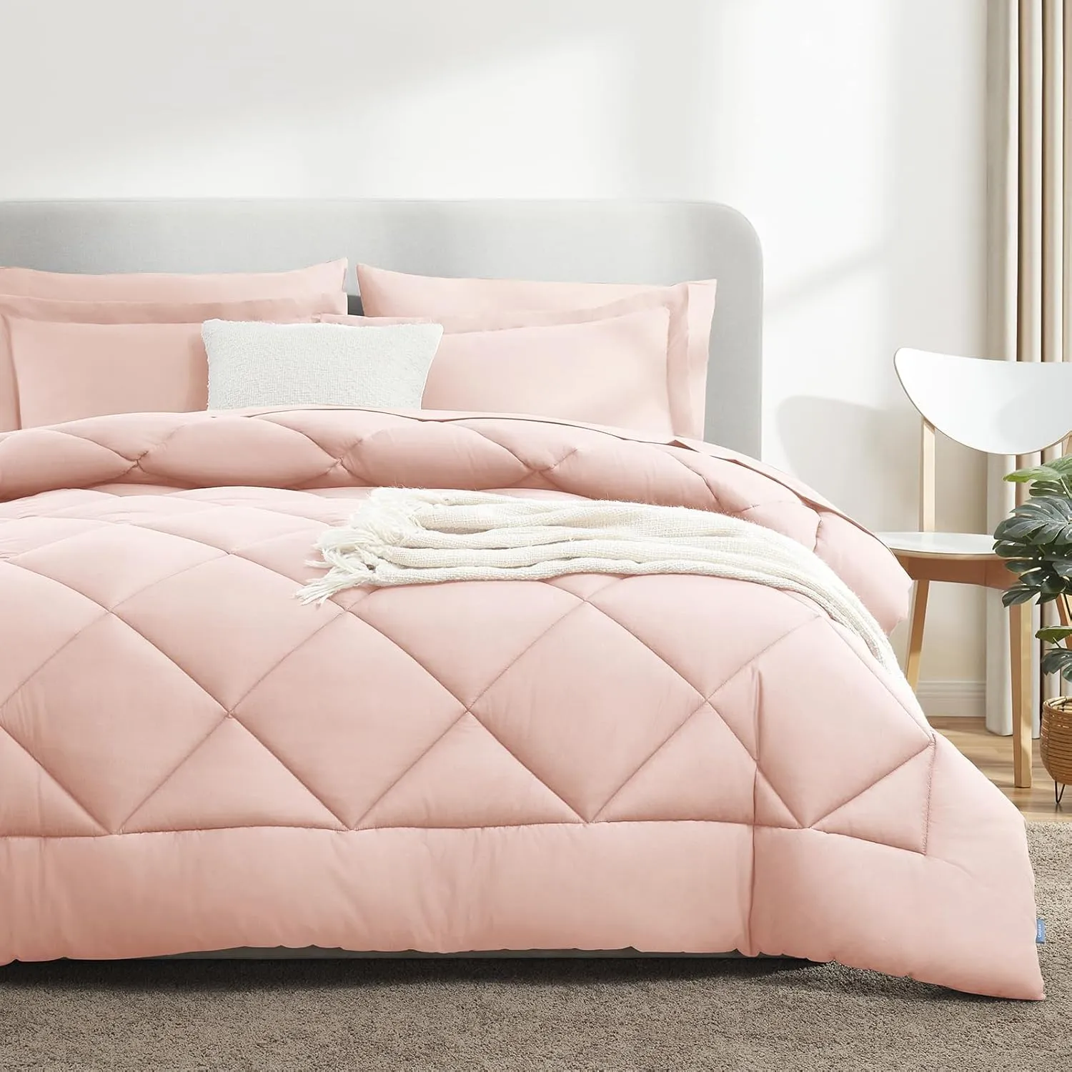 CozyLux Queen Comforter Set with Sheets 7 Pieces Bed in a Bag Blush Pink All Season Bedding Sets with Comforter, Pillow Shams, Flat Sheet, Fitted Sheet and Pillowcases