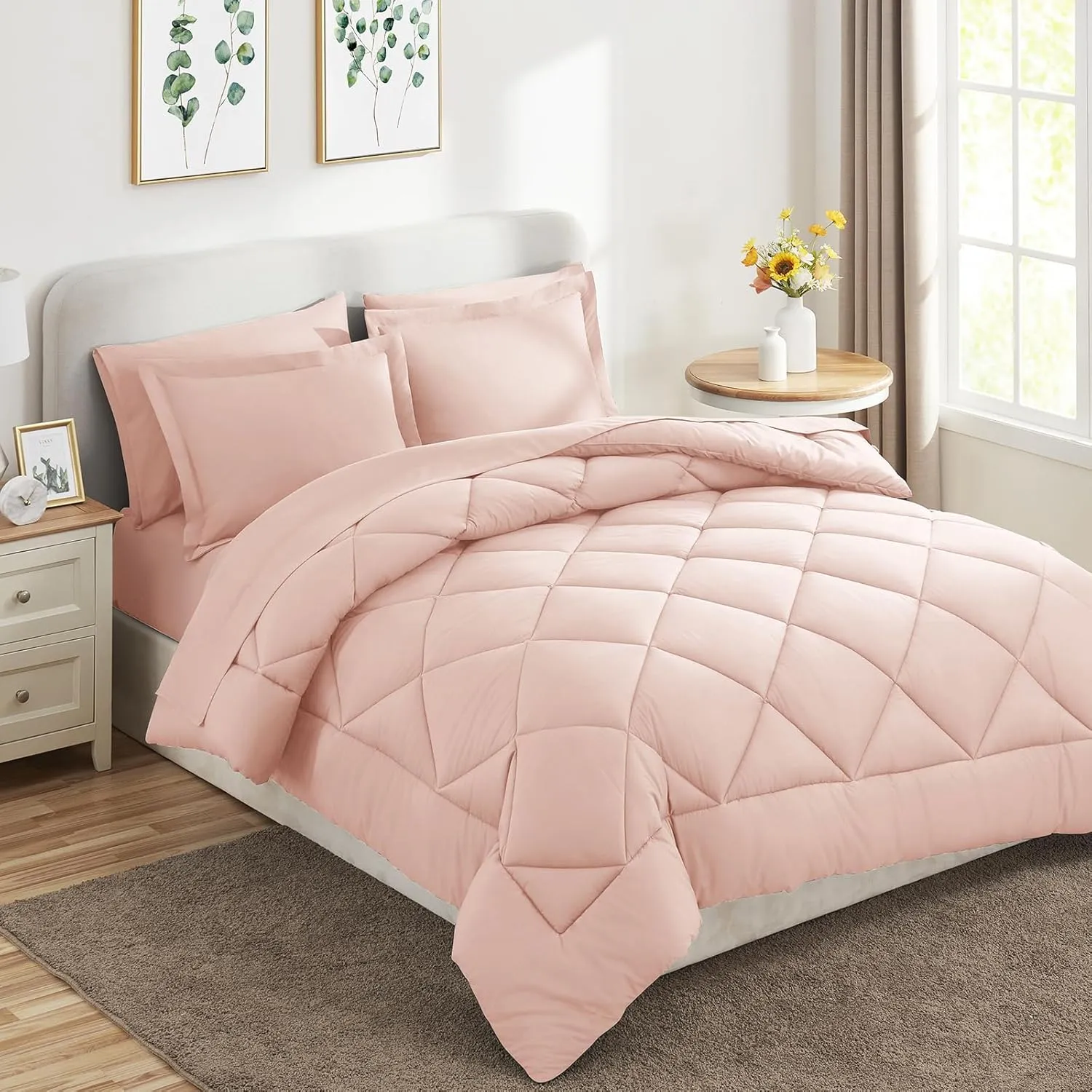 CozyLux Queen Comforter Set with Sheets 7 Pieces Bed in a Bag Blush Pink All Season Bedding Sets with Comforter, Pillow Shams, Flat Sheet, Fitted Sheet and Pillowcases