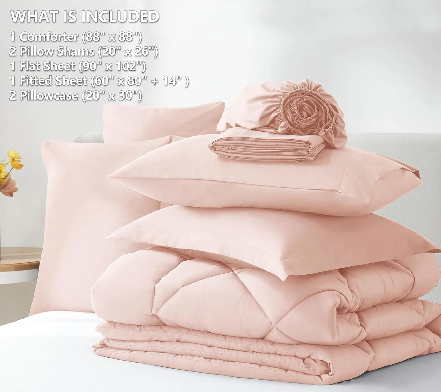 CozyLux Queen Comforter Set with Sheets 7 Pieces Bed in a Bag Blush Pink All Season Bedding Sets with Comforter, Pillow Shams, Flat Sheet, Fitted Sheet and Pillowcases