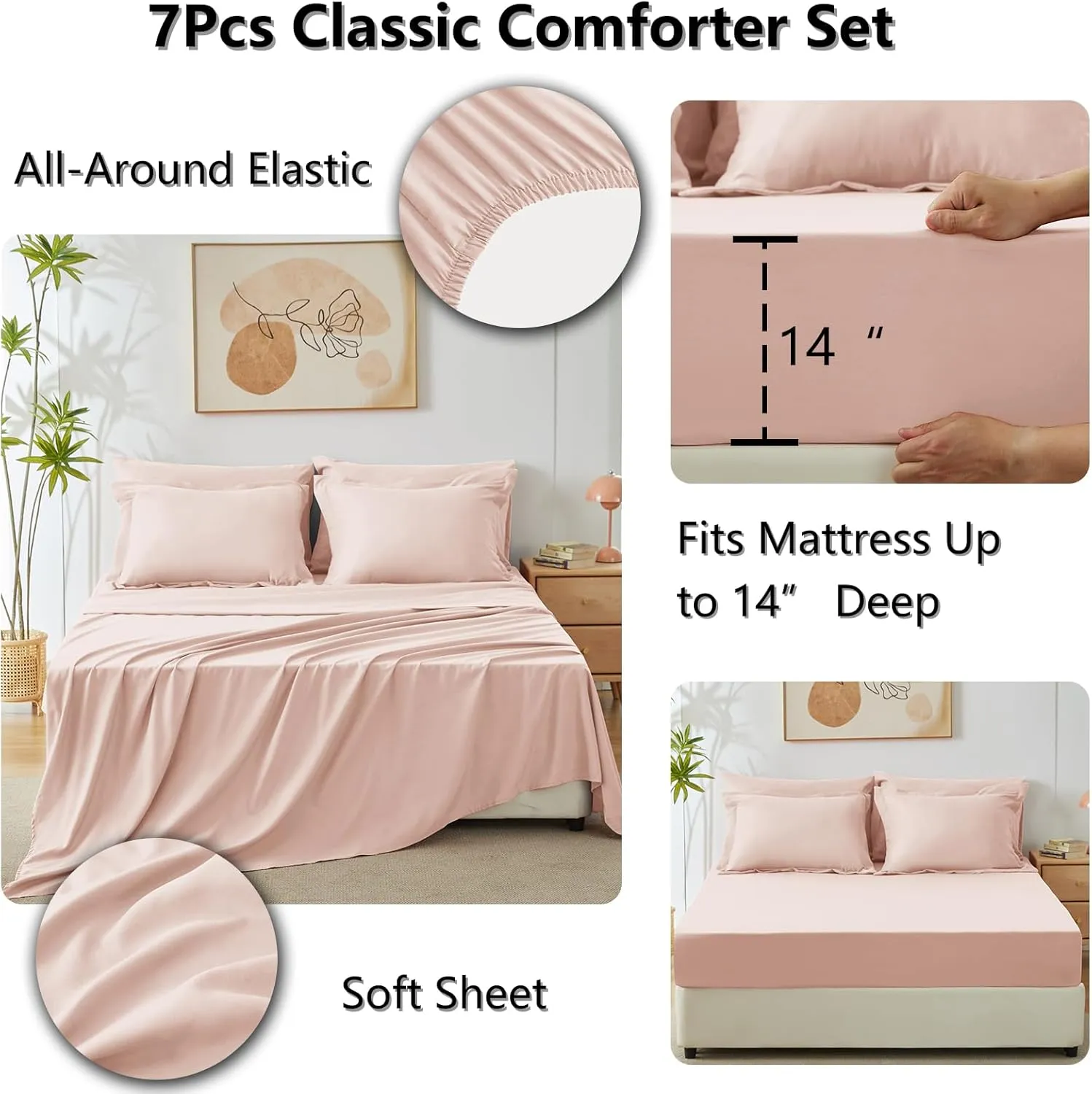 CozyLux Queen Comforter Set with Sheets 7 Pieces Bed in a Bag Blush Pink All Season Bedding Sets with Comforter, Pillow Shams, Flat Sheet, Fitted Sheet and Pillowcases