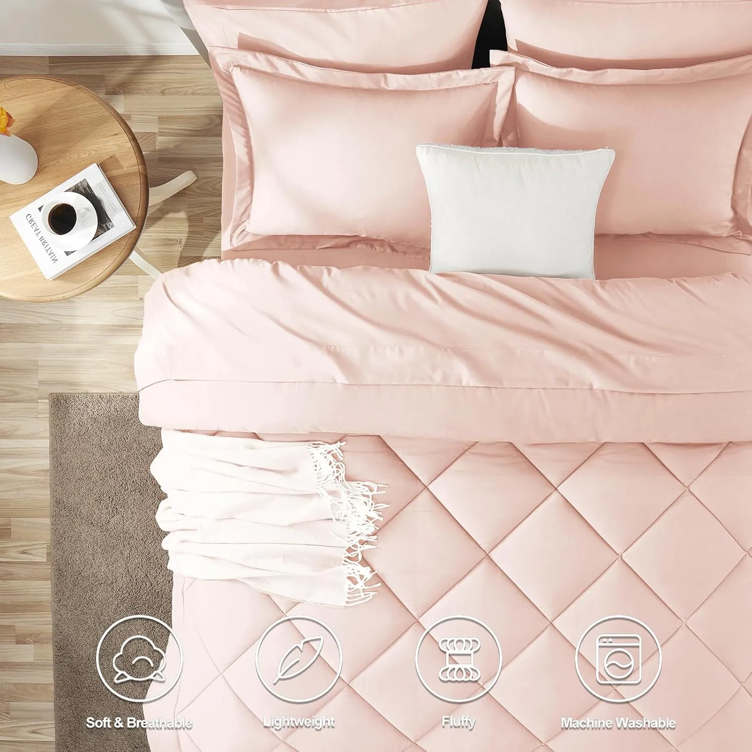 CozyLux Queen Comforter Set with Sheets 7 Pieces Bed in a Bag Blush Pink All Season Bedding Sets with Comforter, Pillow Shams, Flat Sheet, Fitted Sheet and Pillowcases