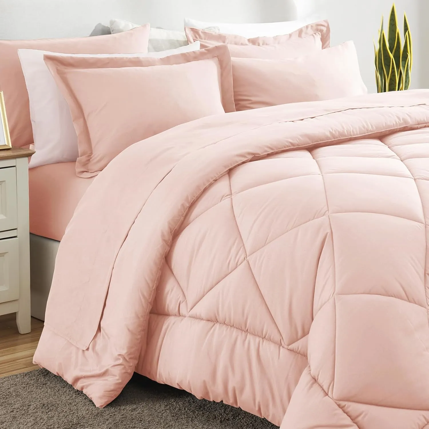 CozyLux Queen Comforter Set with Sheets 7 Pieces Bed in a Bag Blush Pink All Season Bedding Sets with Comforter, Pillow Shams, Flat Sheet, Fitted Sheet and Pillowcases