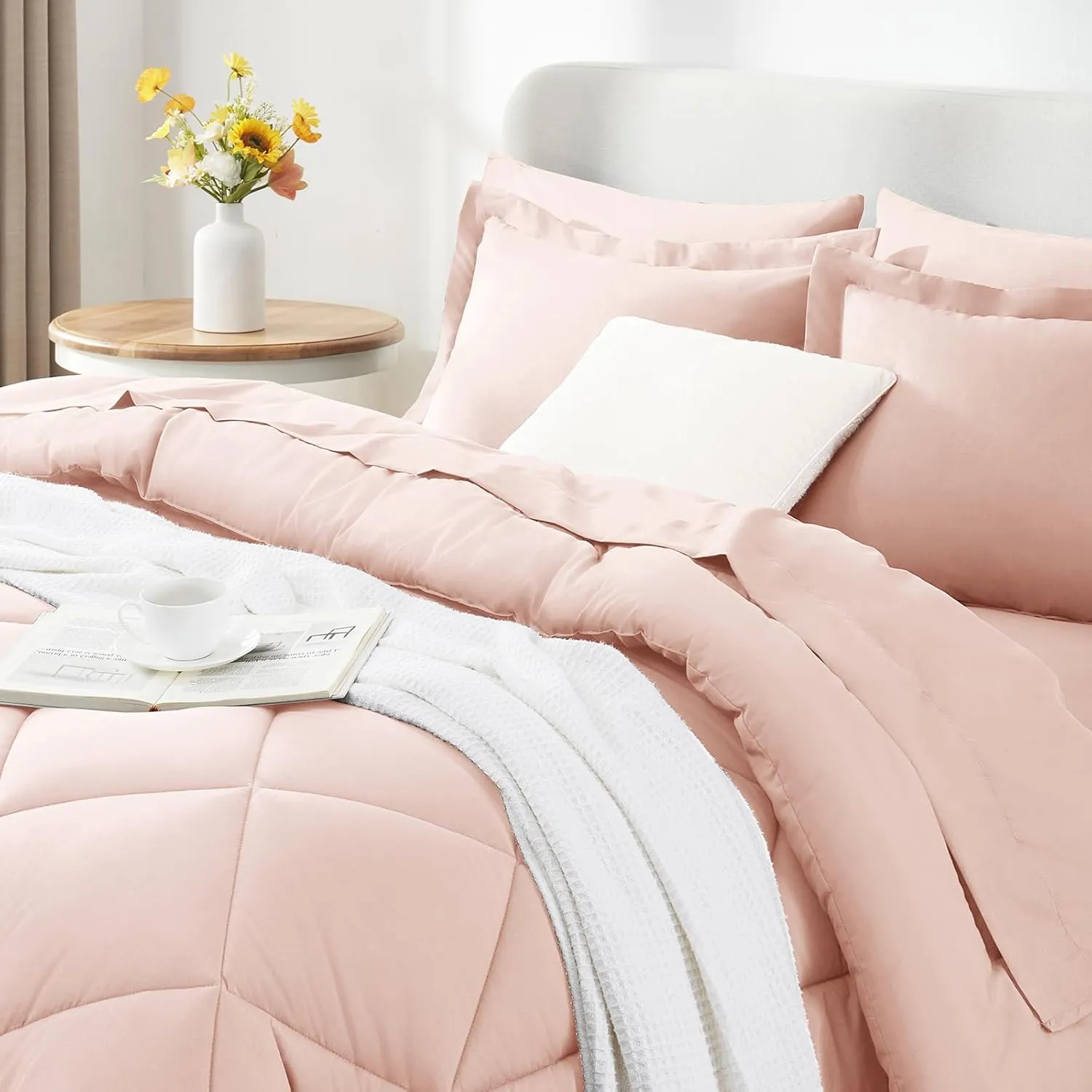 CozyLux Queen Comforter Set with Sheets 7 Pieces Bed in a Bag Blush Pink All Season Bedding Sets with Comforter, Pillow Shams, Flat Sheet, Fitted Sheet and Pillowcases