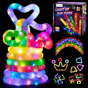 D-FantiX 12Pack LED Light Up Pop Tubes Glow Sticks, Glow Fidget Toy in The Dark Necklaces Bracelets, Birthday Party Favors for Kids, Easter Basket Stuffers Goodie Bag Stuffers for Boys Girls