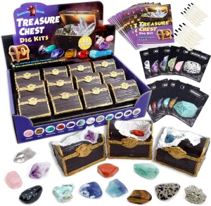 DANCING BEAR Treasure Chest Dig Kit Party Pack for 12 Kids, Excavate 12 Surprise Real Gems & Crystals, STEM Education, Fun Pirate Booty Hunt, Science Activity Gift Sets for Girls and Boys