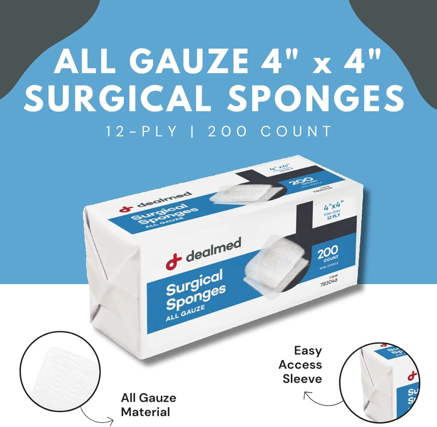 Dealmed 4" x 4" Surgical Sponges, 12-Ply, Absorbent Woven Gauze Pads, Non-Sterile Wound Care for First Aid Kit and Medical Facilities, 200 Count (Pack of 4)