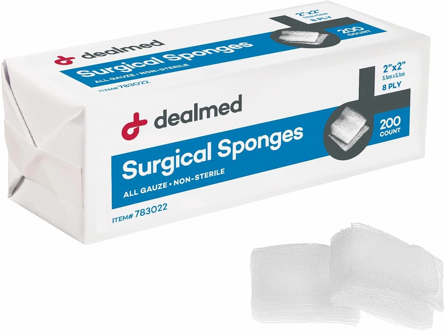 Dealmed 2" x 2" Surgical Sponges, 8-Ply, Non-Woven Absorbent Gauze Sponges for Wound Care, First Aid Kits and Medical Facilities, 200 Count (Case of 25)