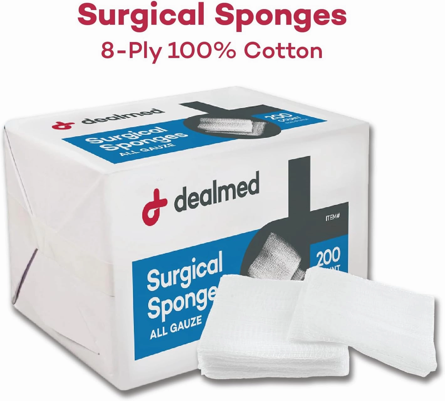 Dealmed 2" x 2" Surgical Sponges, 8-Ply, Non-Woven Absorbent Gauze Sponges for Wound Care, First Aid Kits and Medical Facilities, 200 Count (Case of 25)