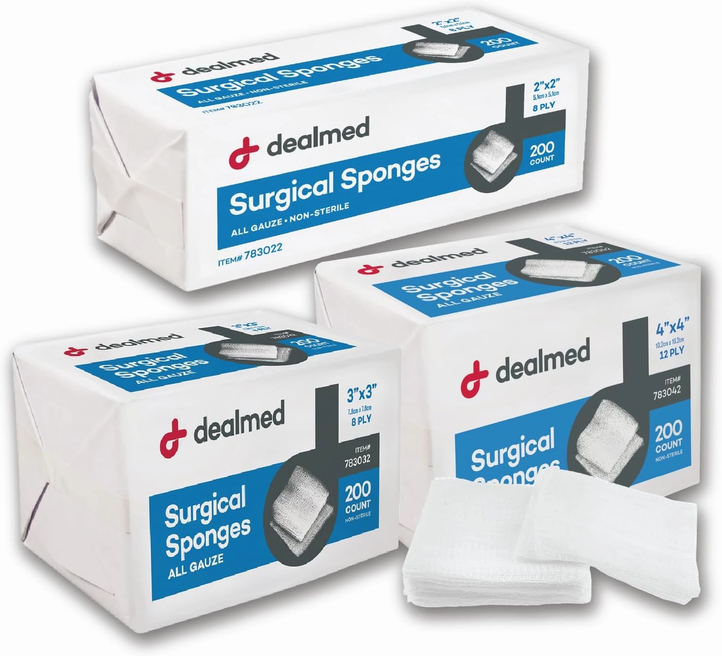 Dealmed 2" x 2" Surgical Sponges, 8-Ply, Non-Woven Absorbent Gauze Sponges for Wound Care, First Aid Kits and Medical Facilities, 200 Count (Case of 25)
