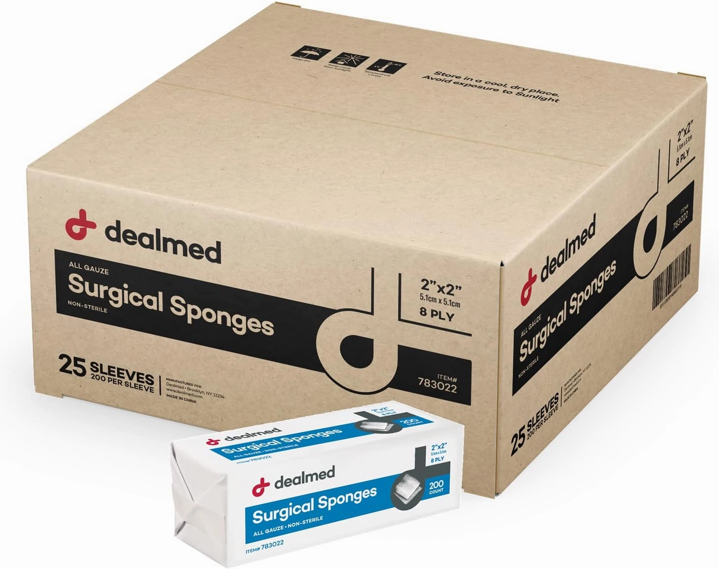 Dealmed 2" x 2" Surgical Sponges, 8-Ply, Non-Woven Absorbent Gauze Sponges for Wound Care, First Aid Kits and Medical Facilities, 200 Count (Case of 25)