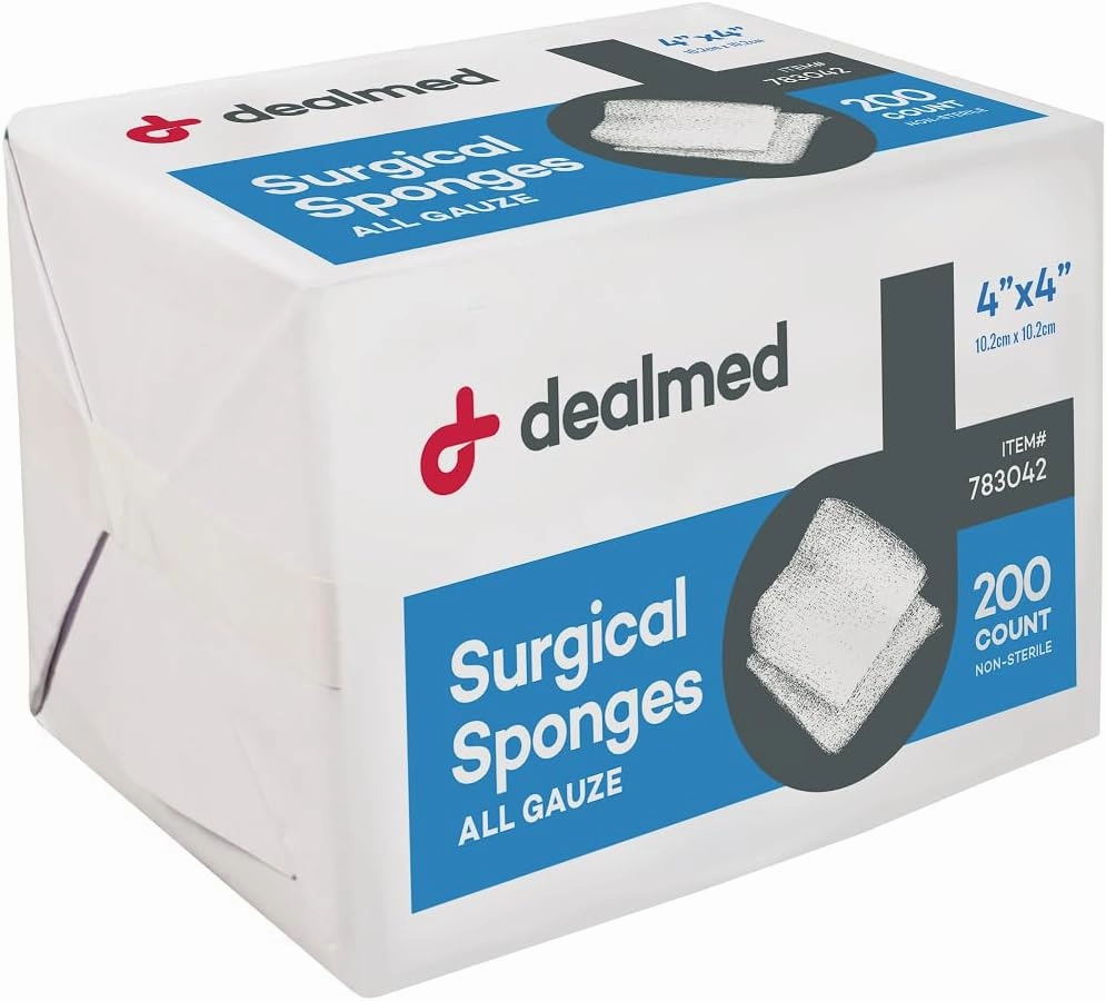 Dealmed 4" x 4" Surgical Sponges, 8-Ply, Non-Woven Absorbent Gauze Sponges for Wound Care, First Aid Kits and Medical Facilities, 200 Count (Case of 20)