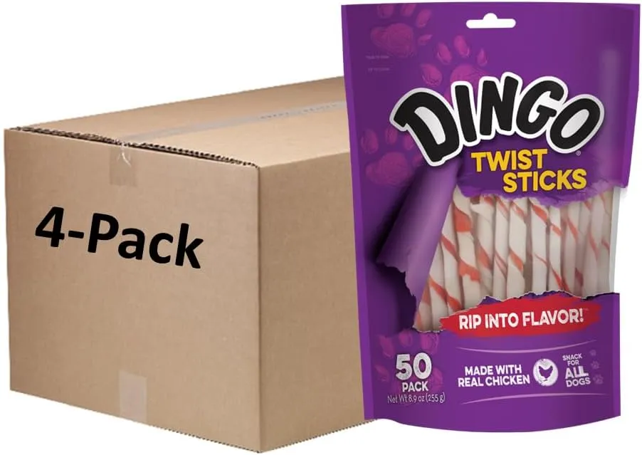 Dingo Twist Sticks 200 Count, Rawhide for Dogs, Made with Real Chicken (4 Packs of 50 Count)