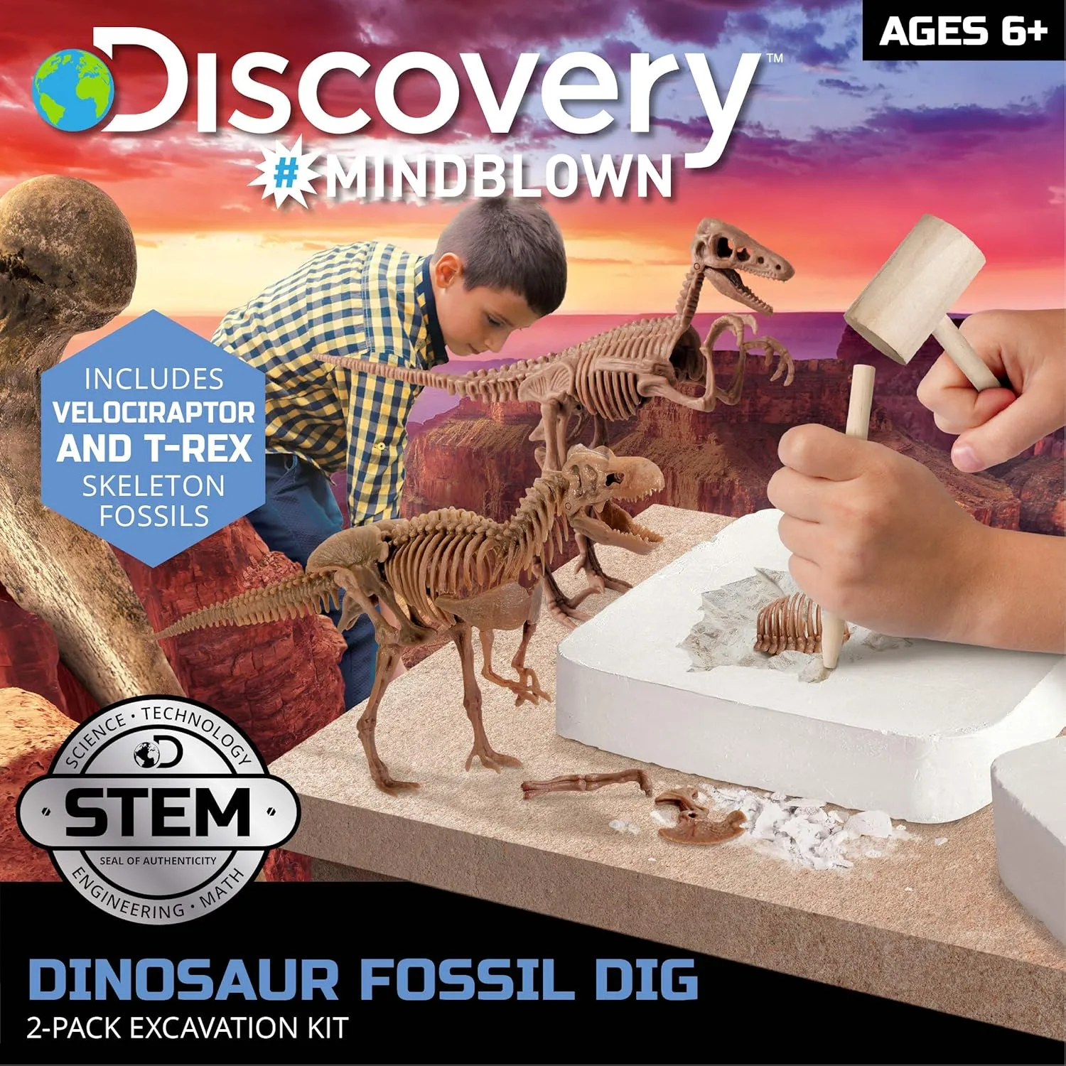 Discovery #MINDBLOWN Dinosaur Fossil Dig Excavation Kit, 15-Piece T-Rex & 10-Piece Velociraptor, 3D Skeleton Puzzle Display Models, Includes Tools & Safety Glasses, Jurassic Dino Toy for Kids